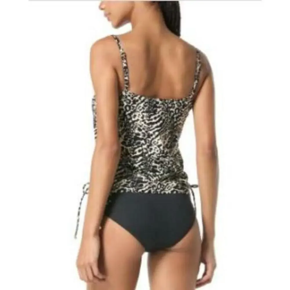 Michael Kors Women's Black/White Printed Side-Ruched Tankini Top S